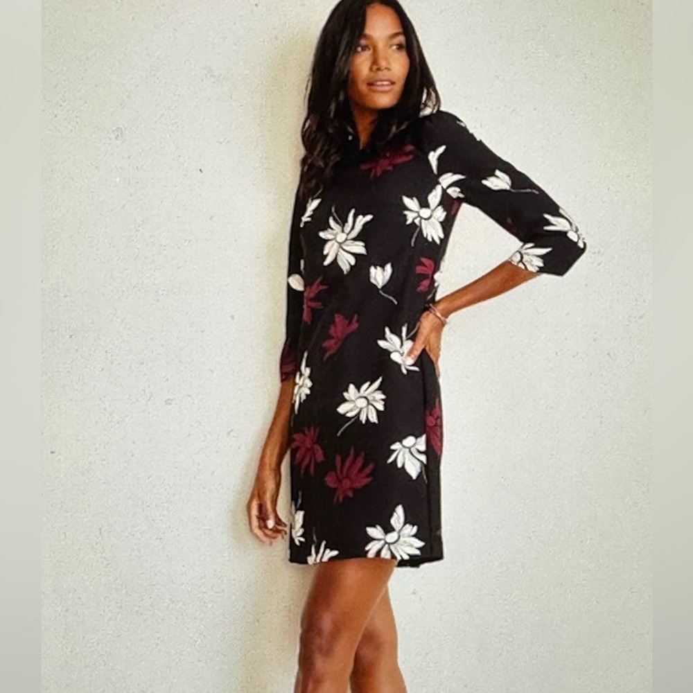 Ann Taylor Floral Puff Sleeve Shift Dress in Black 8P